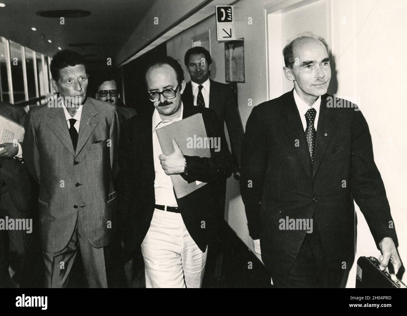 From right: Austrian Archduke Otto Von Habsburg, Italians writer Bruno Ferrero, and politician Giorgio Amendola, 1980s Stock Photo
