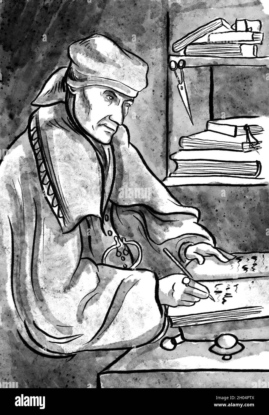 Author of the Malleus Maeficarum Heinrich Kramer hand drawn illustration Stock Photo