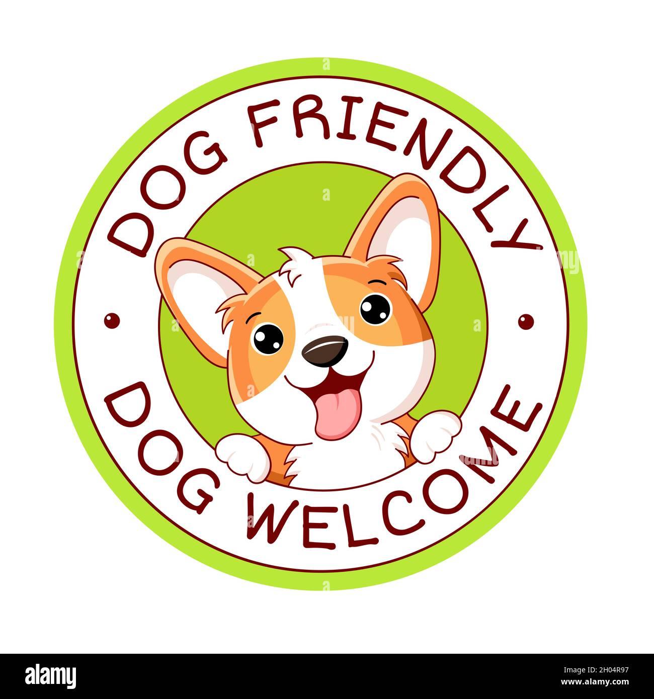 Pet friendly vector label. Stamp or sticker with dog friendly text. Kawaii corgi puppy inside circle. Vet clinic, shop label, sticker. Inscription Dog Stock Vector