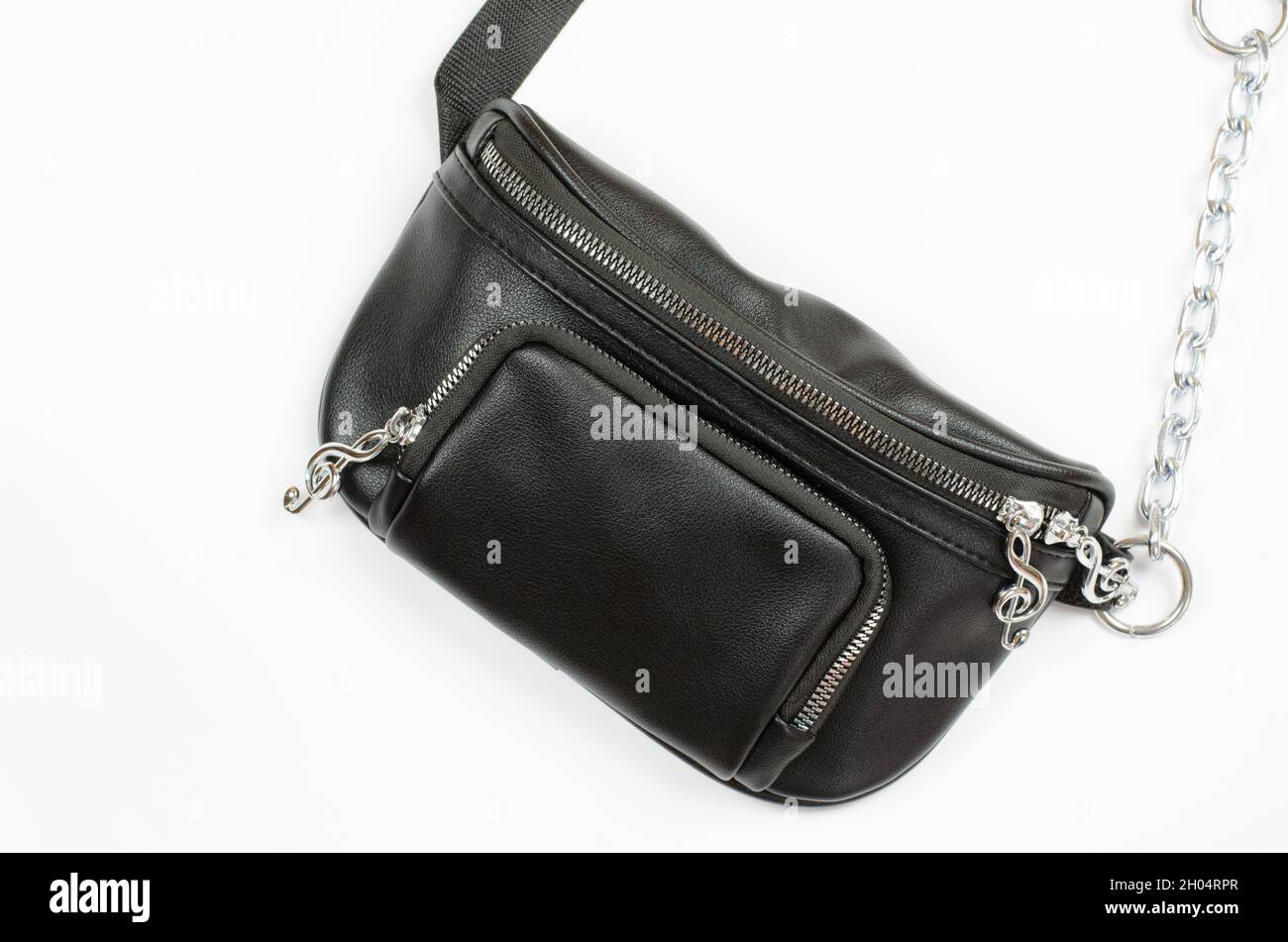 Black leather waist bag isolated on white background. Banana bag