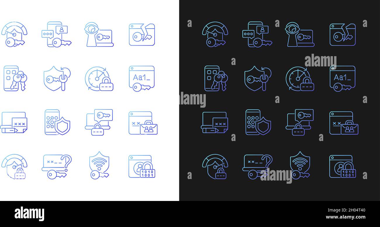 Password management gradient icons set for dark and light mode Stock Vector