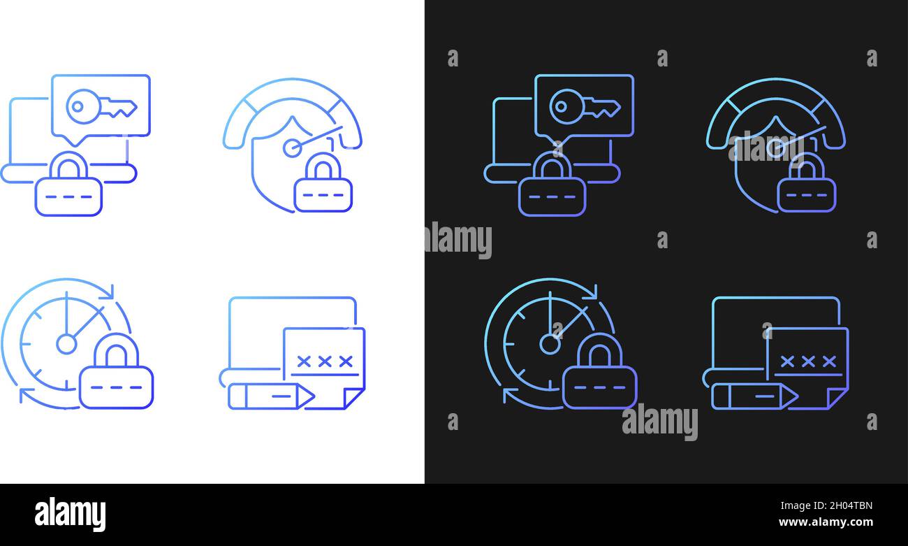 Laptop passwords gradient icons set for dark and light mode Stock Vector