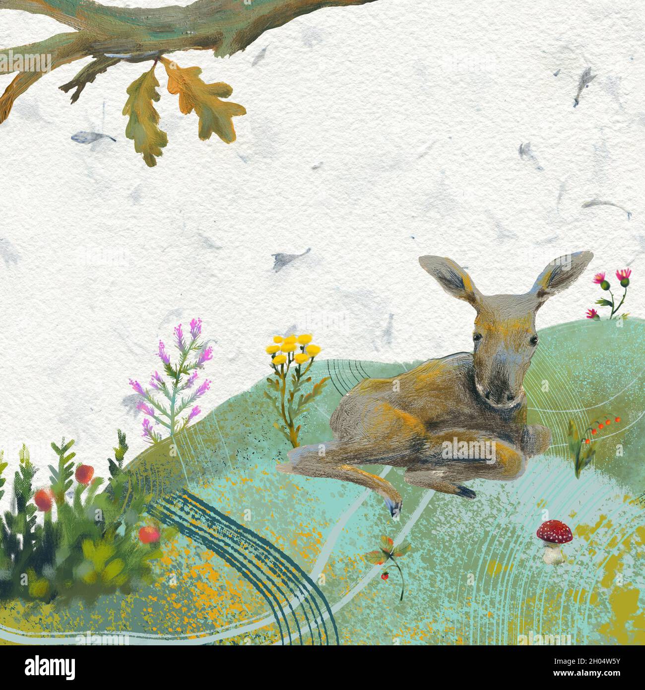 Raster illustration on natural, forest theme. A small elk lies on the ground surrounded by plants and mushrooms. Ready composition for design. Free sp Stock Photo