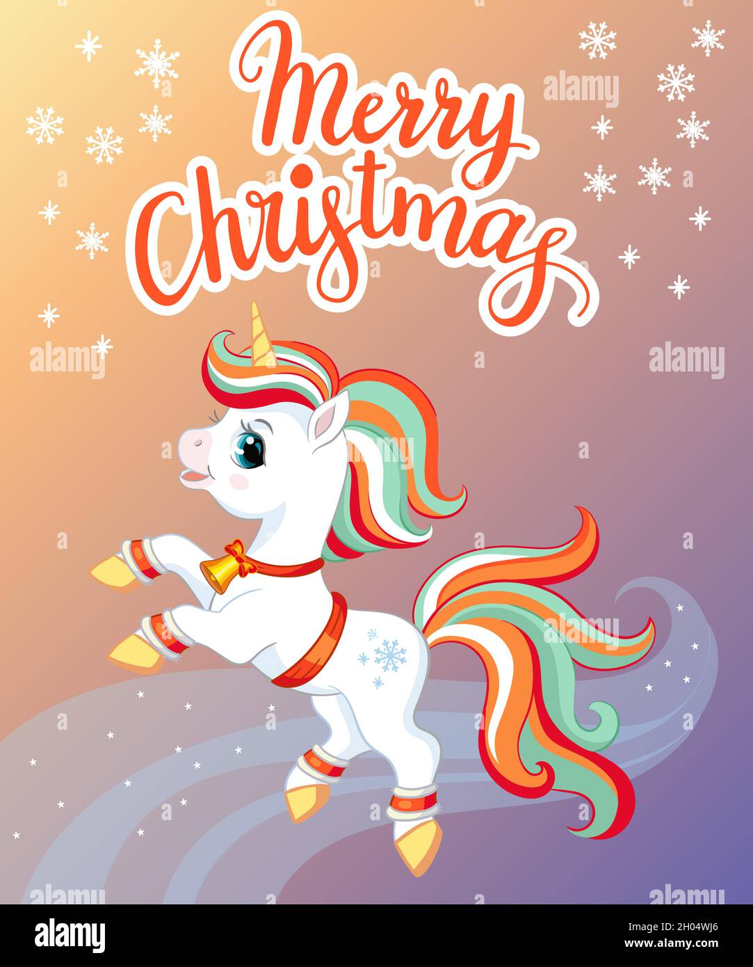 Vertical christmas card with cute unicorn character, snowflakes ...