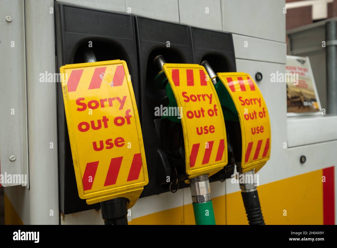 London, 2nd October 2021: Fuel pumps out of use due to the national fuel shortages across the U.K. due to shortage of delivery drivers Stock Photo