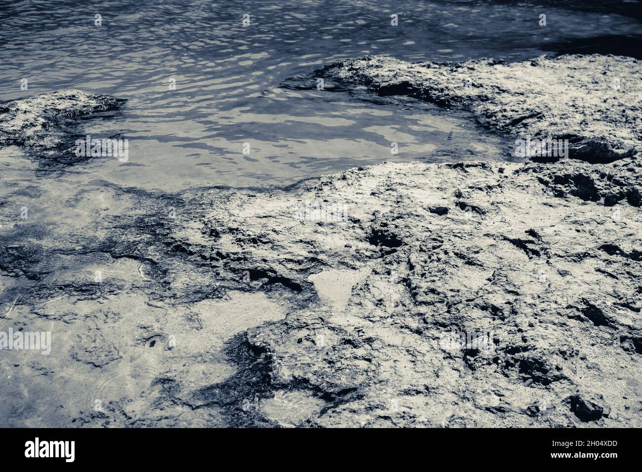 Grayscale shot of a rocky beach Stock Photo - Alamy