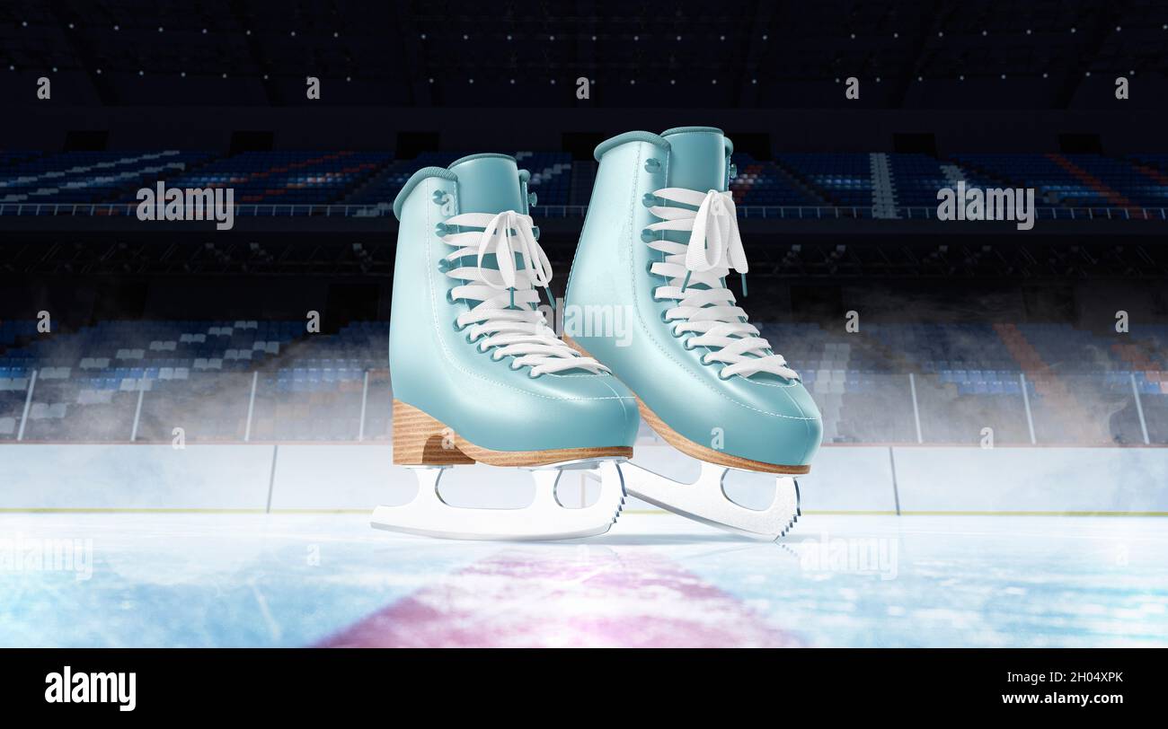 Blank ice rink surface blue skates background mockup, front view, 3d ...