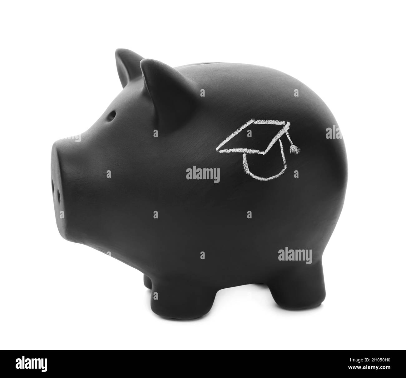 Black piggy bank with graduation cap on white background Stock Photo ...
