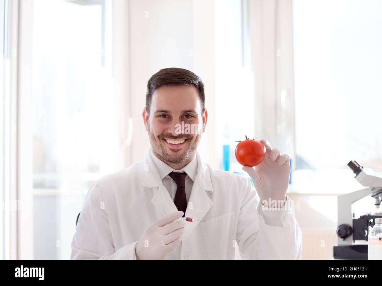 Young scientist doing research on tomato in laboratory Stock Photo