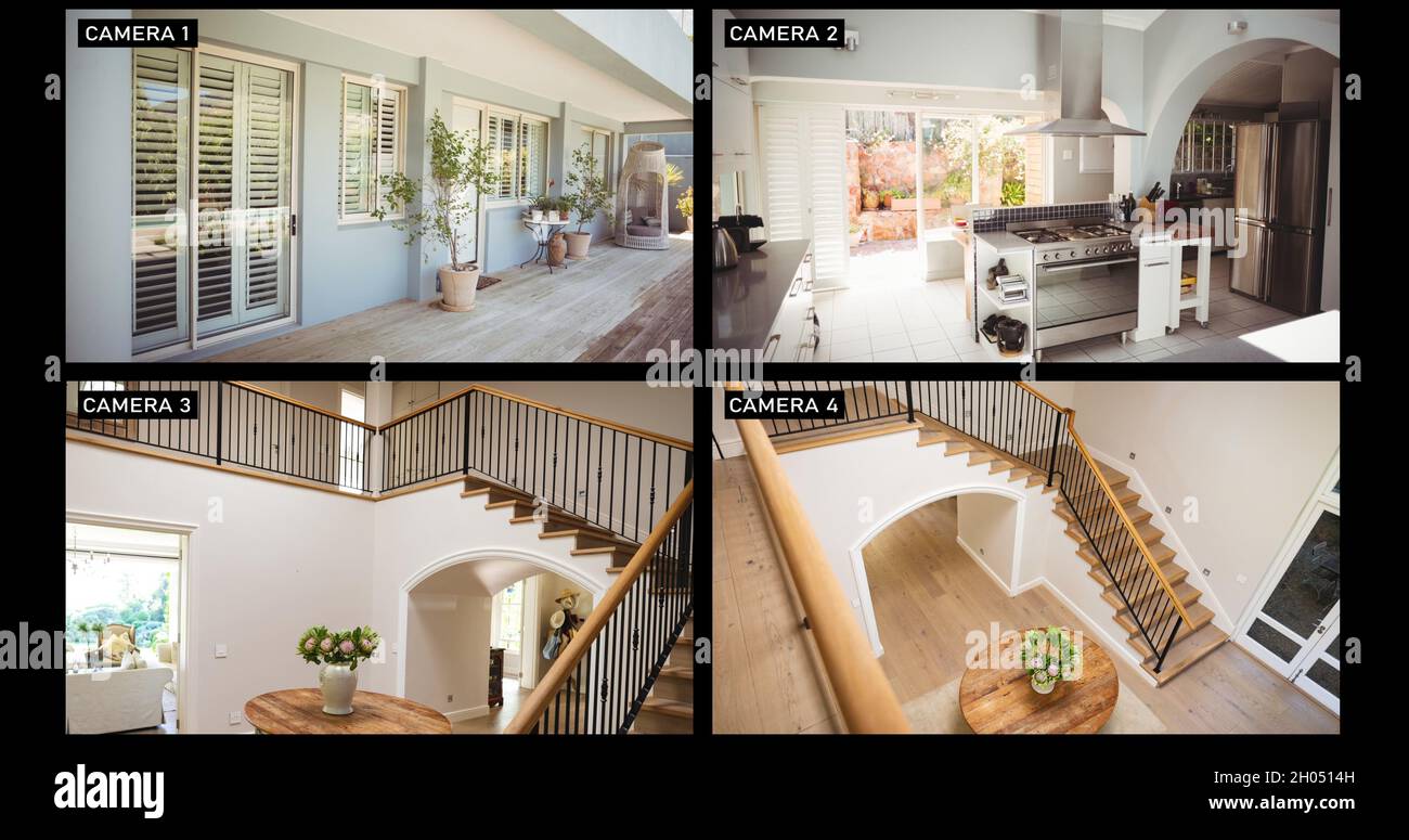 Composite of views from four security cameras in family home, showing stairs, terrace and kitchen Stock Photo