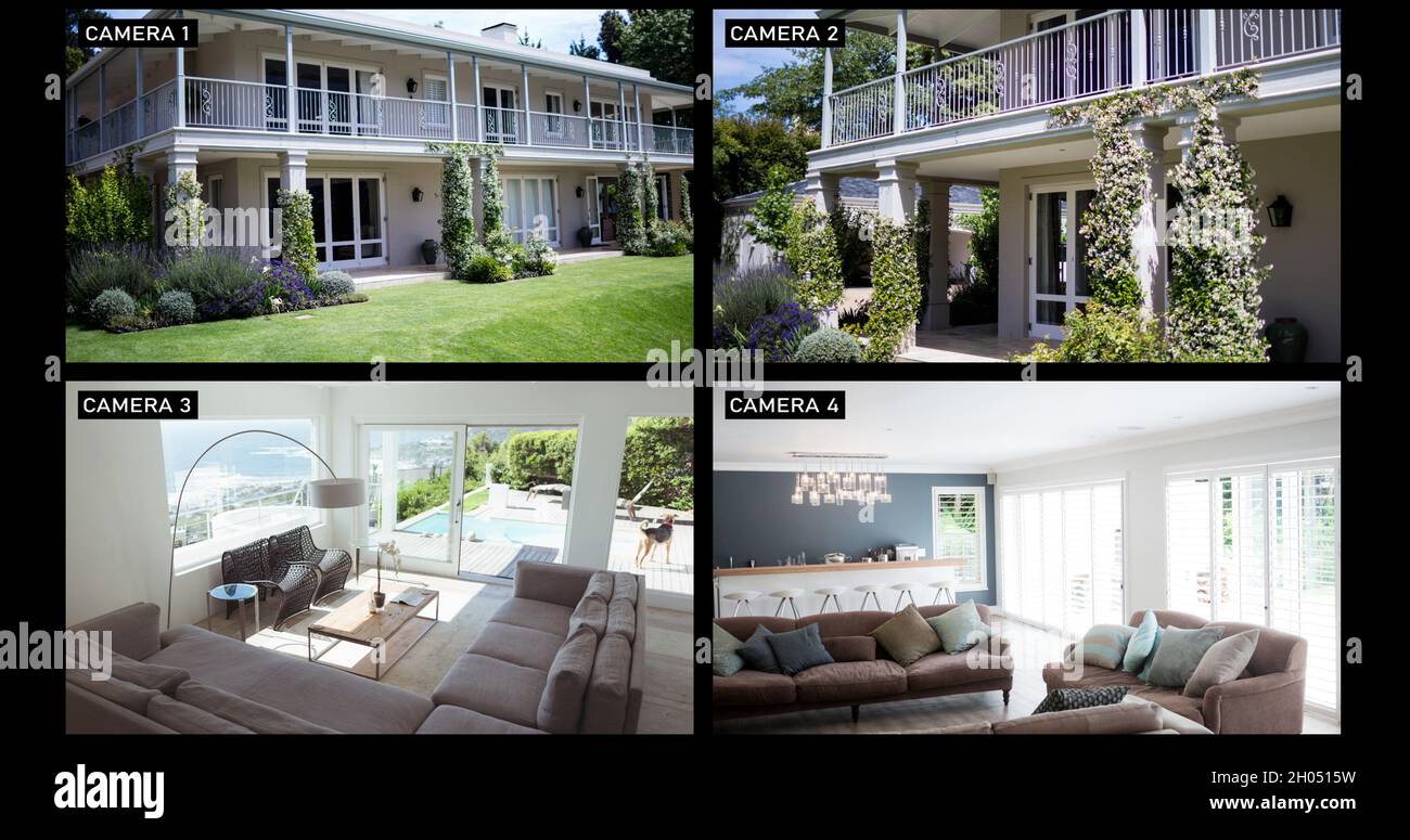 Composite of views from four security cameras ishowing family home exterior and living room Stock Photo