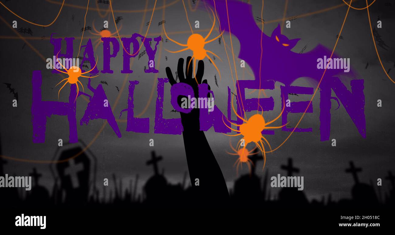 Imagen of happy halloween, spiders and cemetery on purple background ...