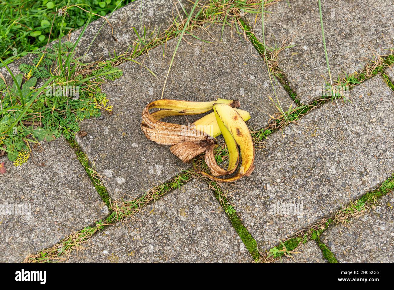 a banana peel on the side walk Stock Photo