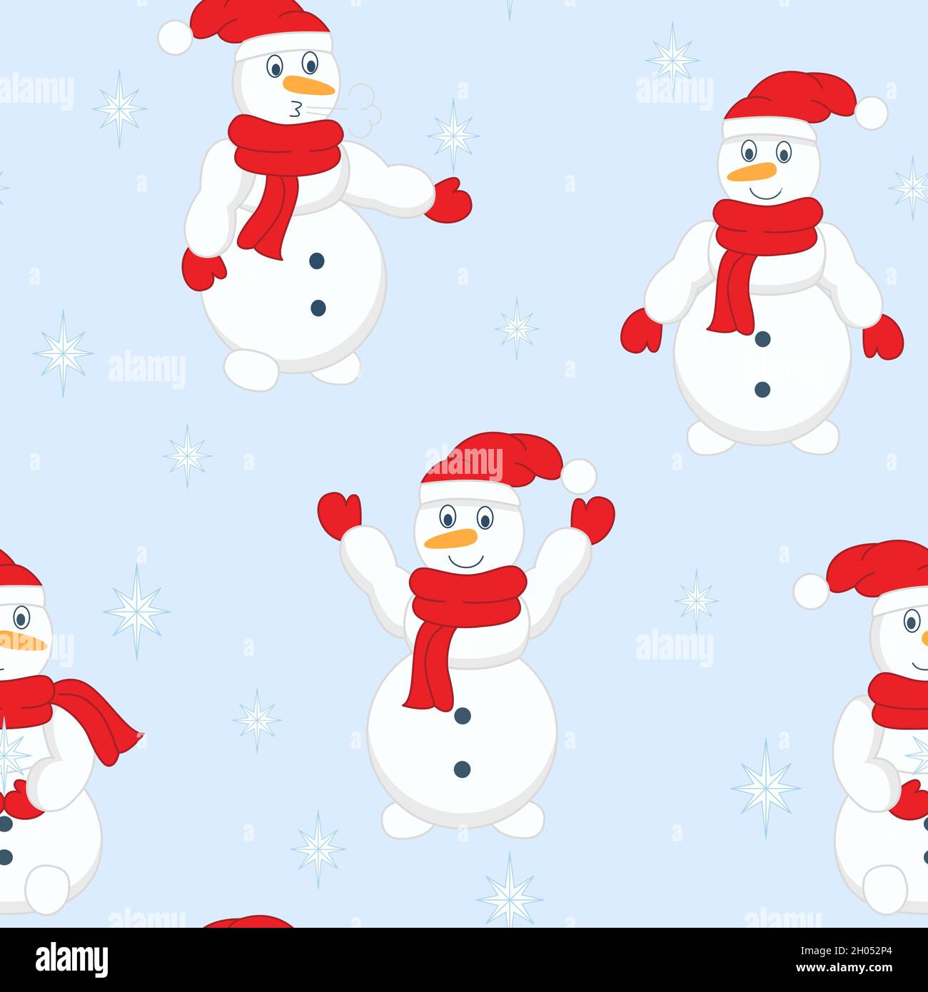 Snowmen in hats and scarves seamless pattern. Winter snow characters ...