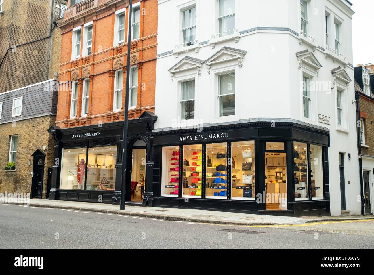 London- October 2021: Anya Hindmarch, a luxury fashion accessory designer shop on Pont Street in Knightsbridge. Stock Photo