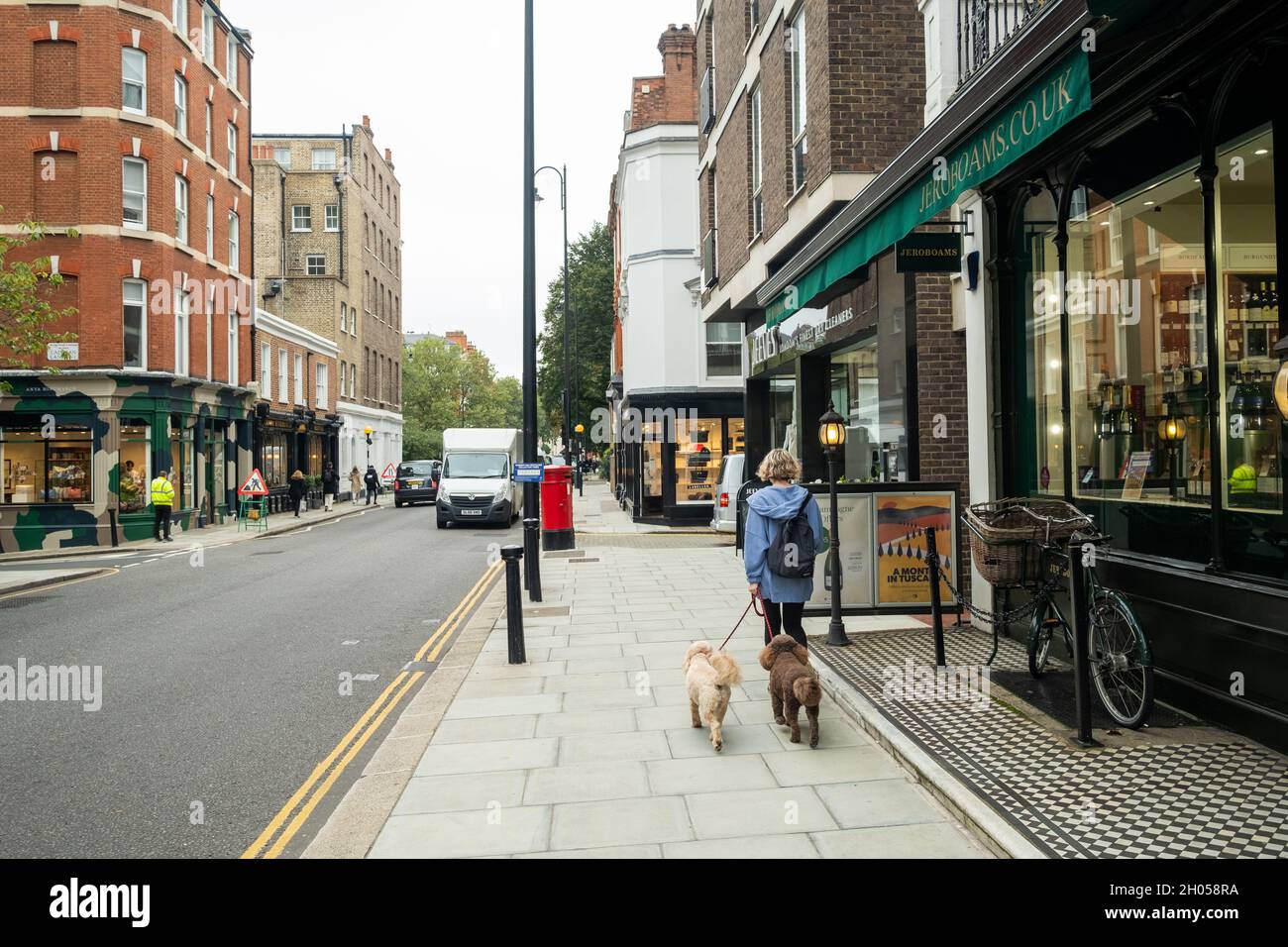 LONDON- MAY, 2018: Shops of Knightsbridge scene, an upmarket area of shops and restaurants Stock Photo