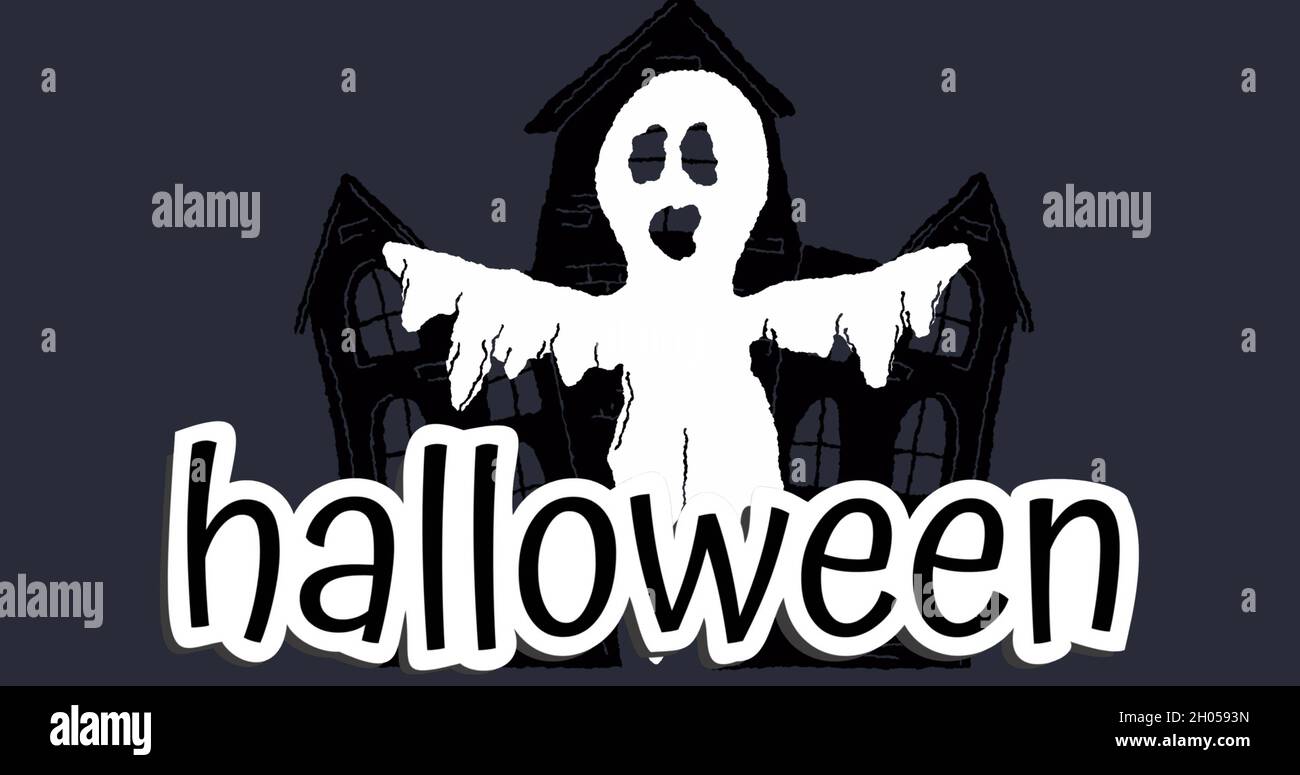 Image of halloween text over ghost and haunted house on dark background Stock Photo