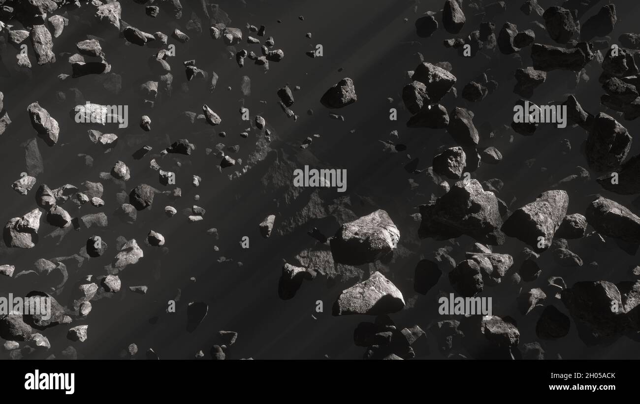 Asteroid Field in front of mega asteroid hidden by the fog in Deep Space  Panoramic Stock Photo - Alamy