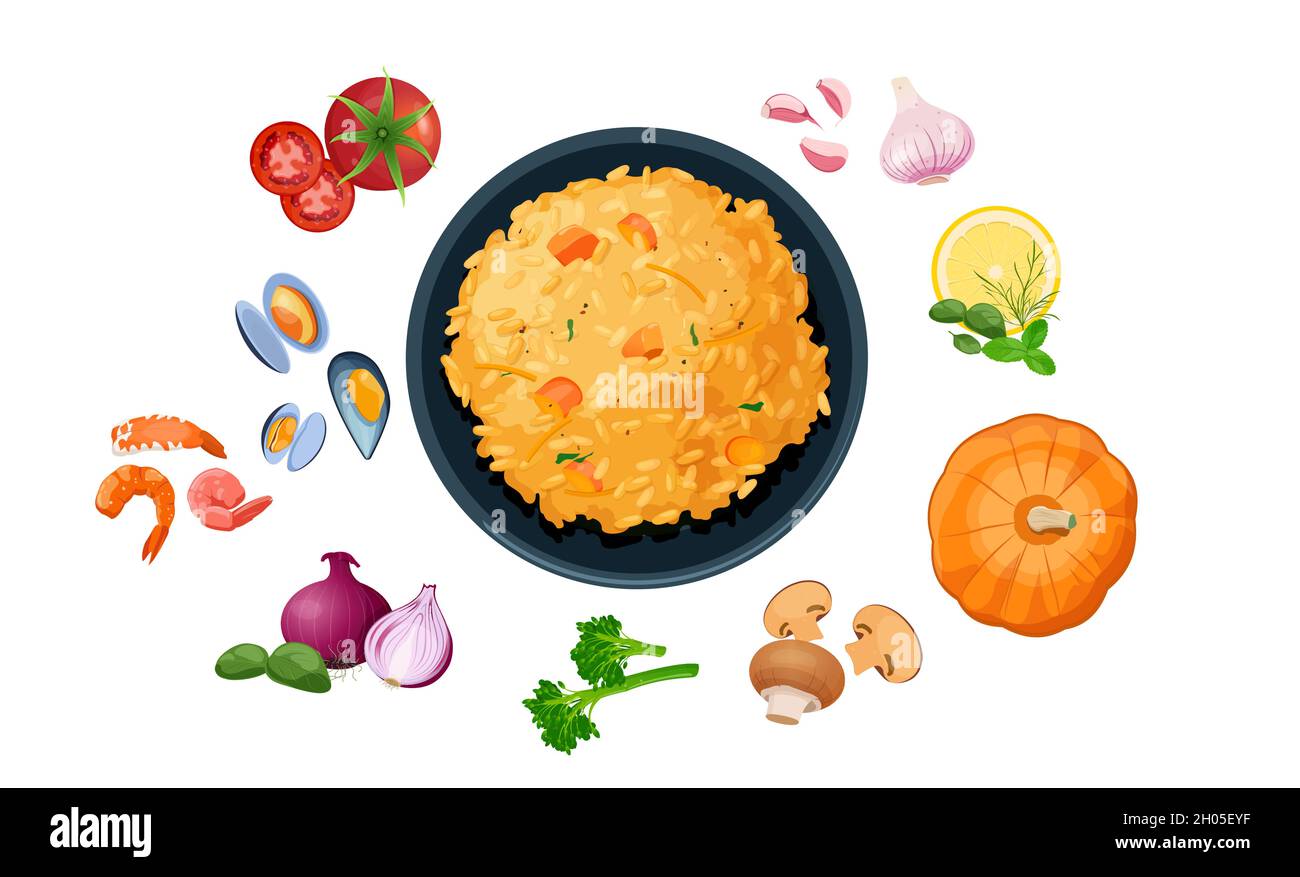 Plate with fresh risotto and various ingredients Stock Vector