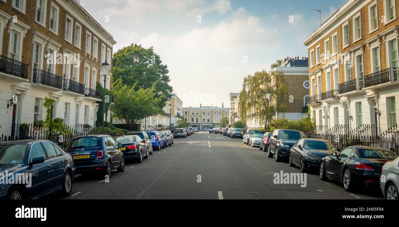 London- Street of upmarket houses in Chelsea and Kensington area of Wets London Stock Photo