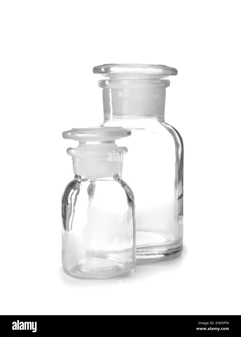 Empty bottles on white background. Laboratory analysis equipment Stock Photo Alamy