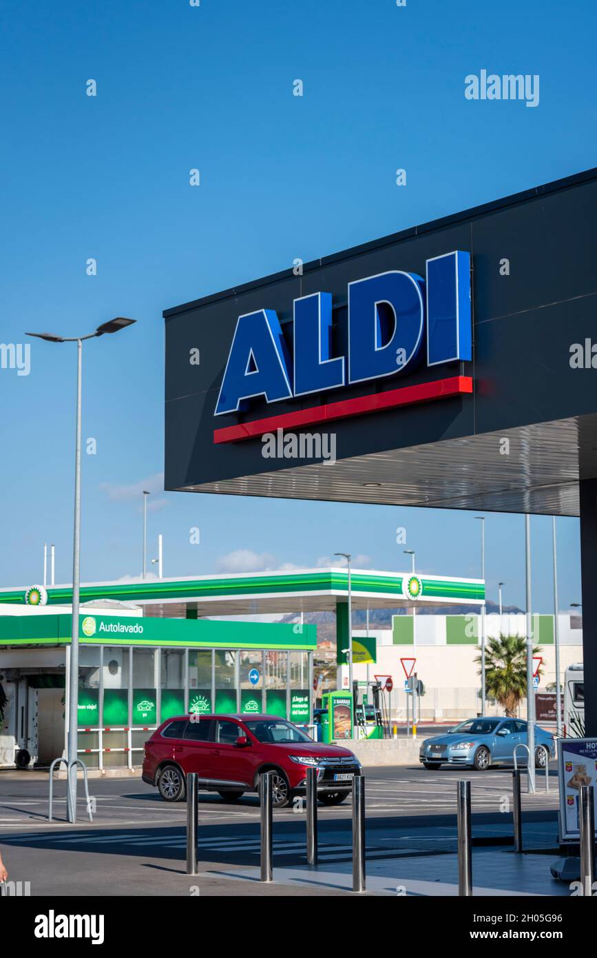 Aldi store in Mazarron Park, outside Puerto de Mazarron in Spain, Europe.  Supermarket chain and BP fuel station. Logo, brand Stock Photo - Alamy