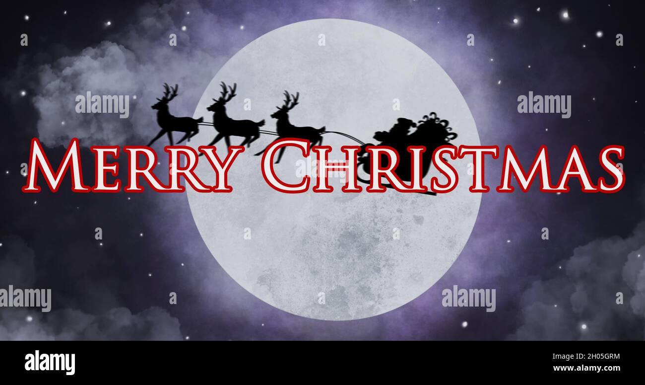 Image of merry christmas text over santa in sleigh Stock Photo