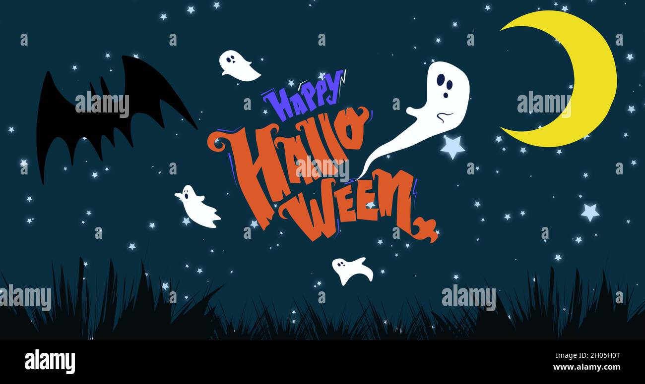 Image of happy halloween text over bat and ghost on night sky Stock Photo