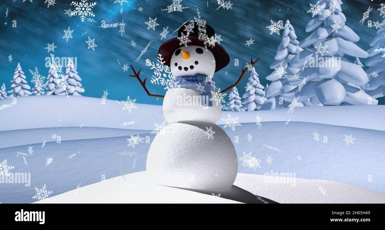 Image of snow falling over winter landscape with snowman and trees at  christmas Stock Photo - Alamy, image size:1300x775