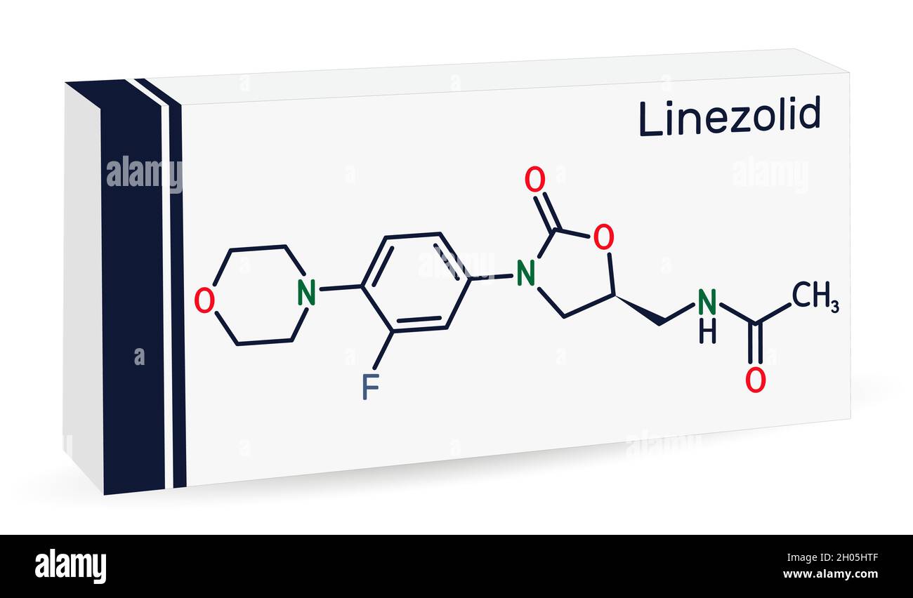 Linezolid molecule. It is synthetic antibiotic used for treatment of infections including streptococcus, Staphylococcus aureus, MRSA. Paper packaging Stock Vector