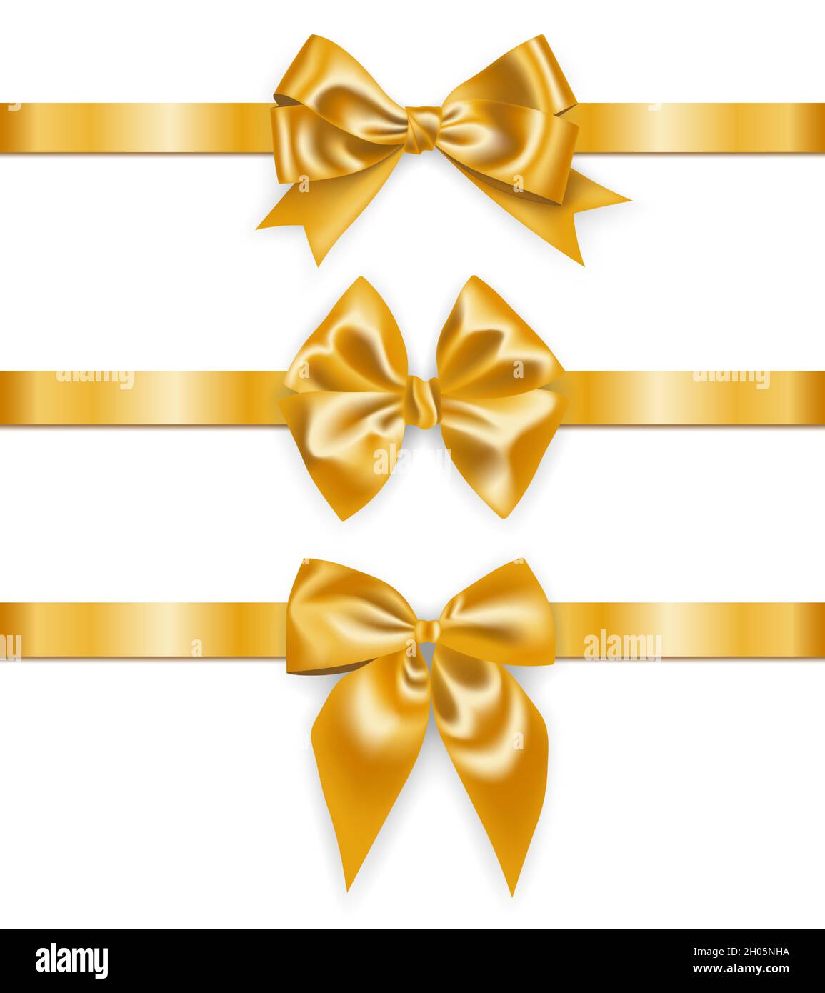 Set of realistic golden ribbons with bows, decoration for gift boxes, design element Stock Vector