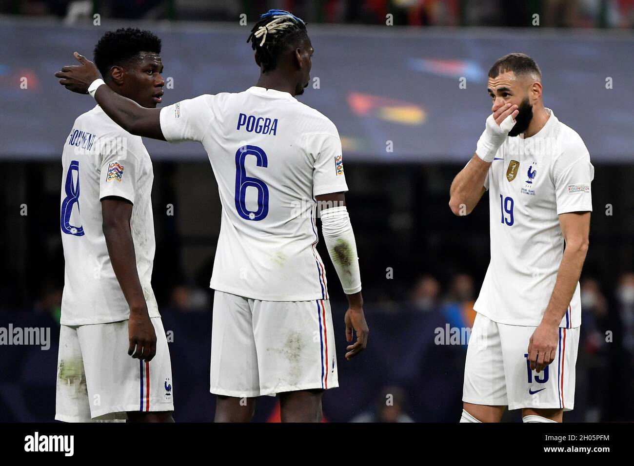 Milano, Italy. 10th Oct, 2021. Presnel Kimpembe, Paul Pogba and Karim  Benzema of France during the Uefa Nations League final match between Spain  and France at San Siro stadium in Milano (Italy),