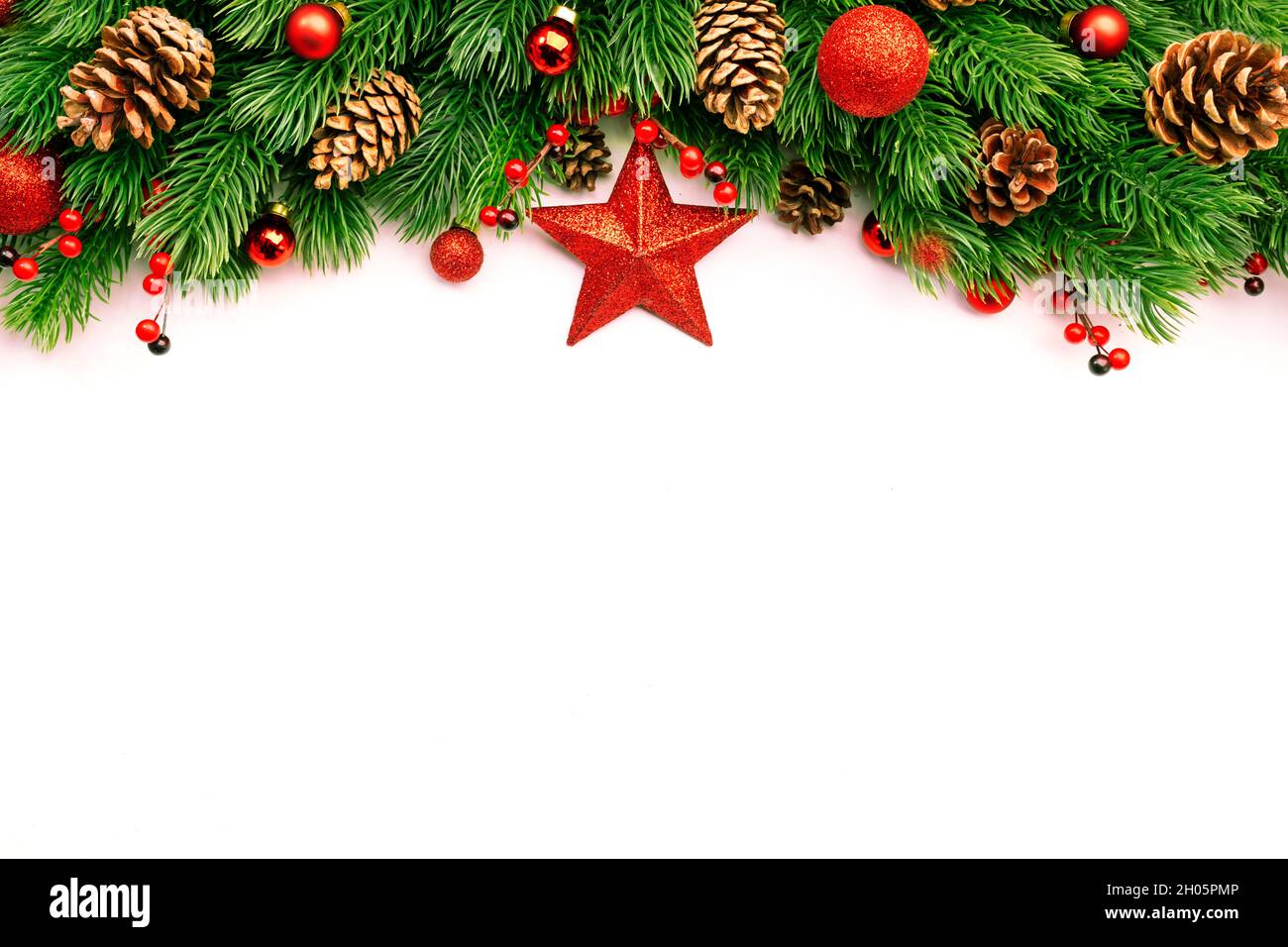 Christmas and New Year background with green spruce branches, cones ...