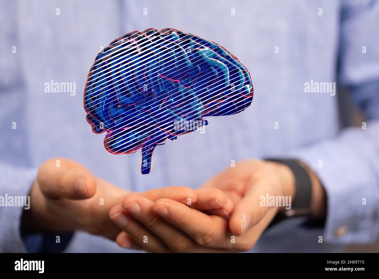 3D illustration of a blue brain floating on a man hand Stock Photo - Alamy