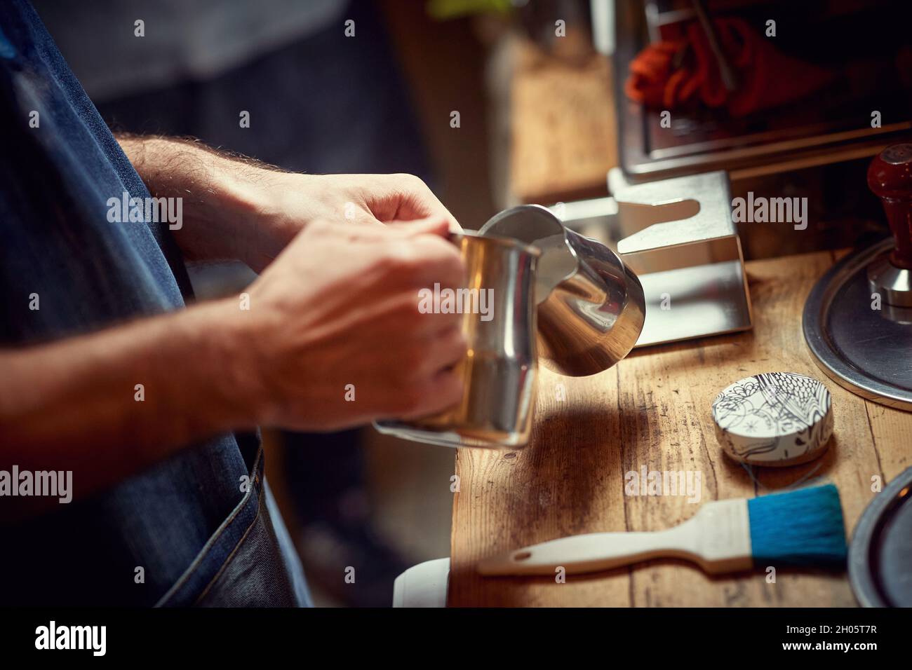 Close up of a barista making cappuccino foam Stock Photo