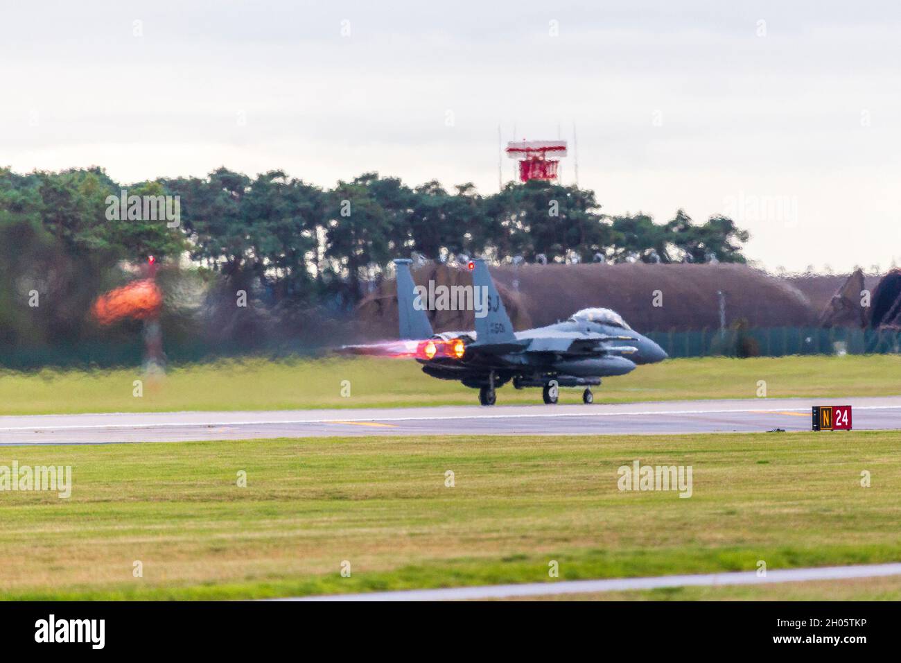 USAF F15 Strike Eagle Tactical Fighter at RAF(USAF) Lakenheath in Suffolk, England,UK Taking Off with Afterburners on Stock Photo