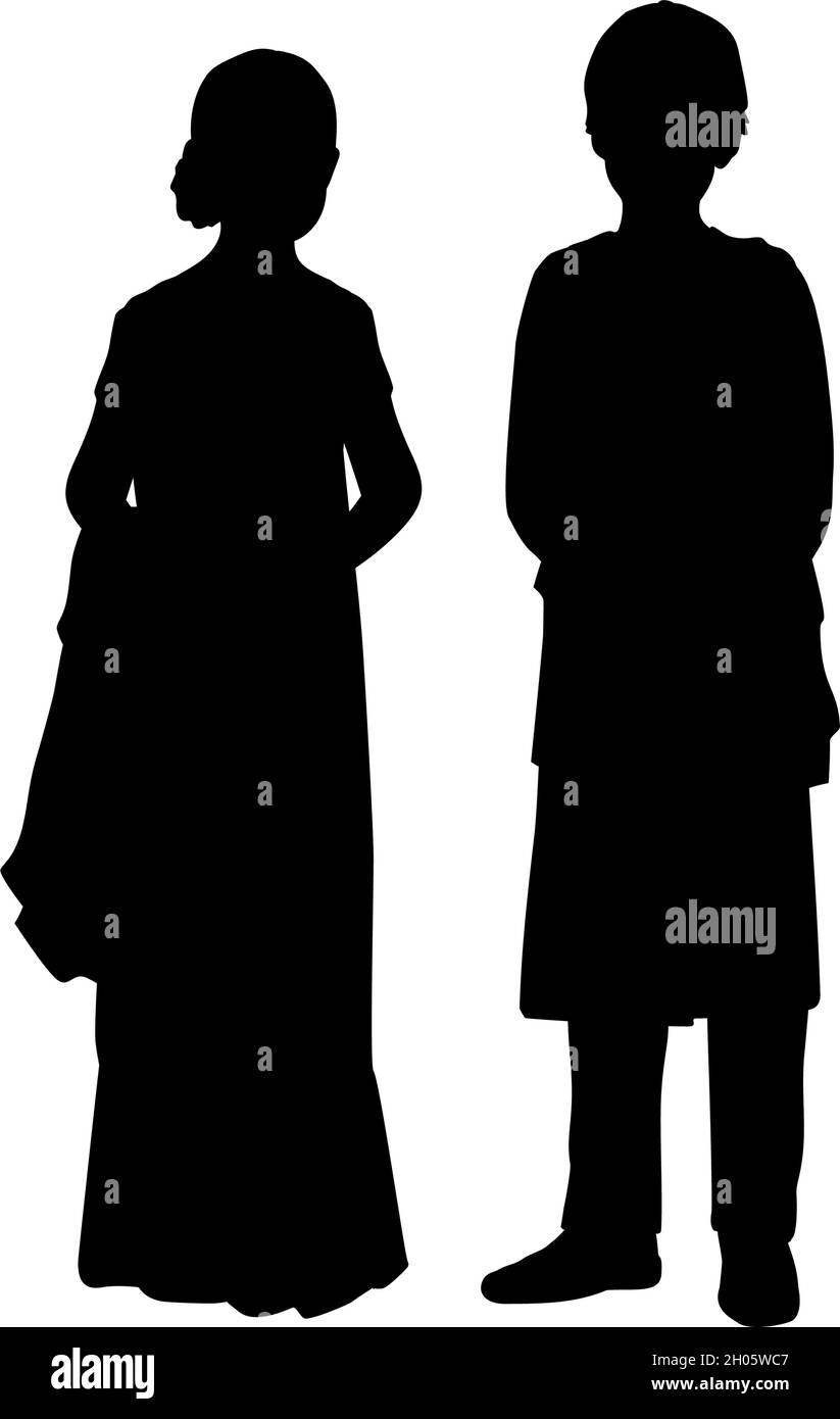 Silhouettes boy and girl indian children. Indian culture and religion. Illustration symbol icon Stock Vector