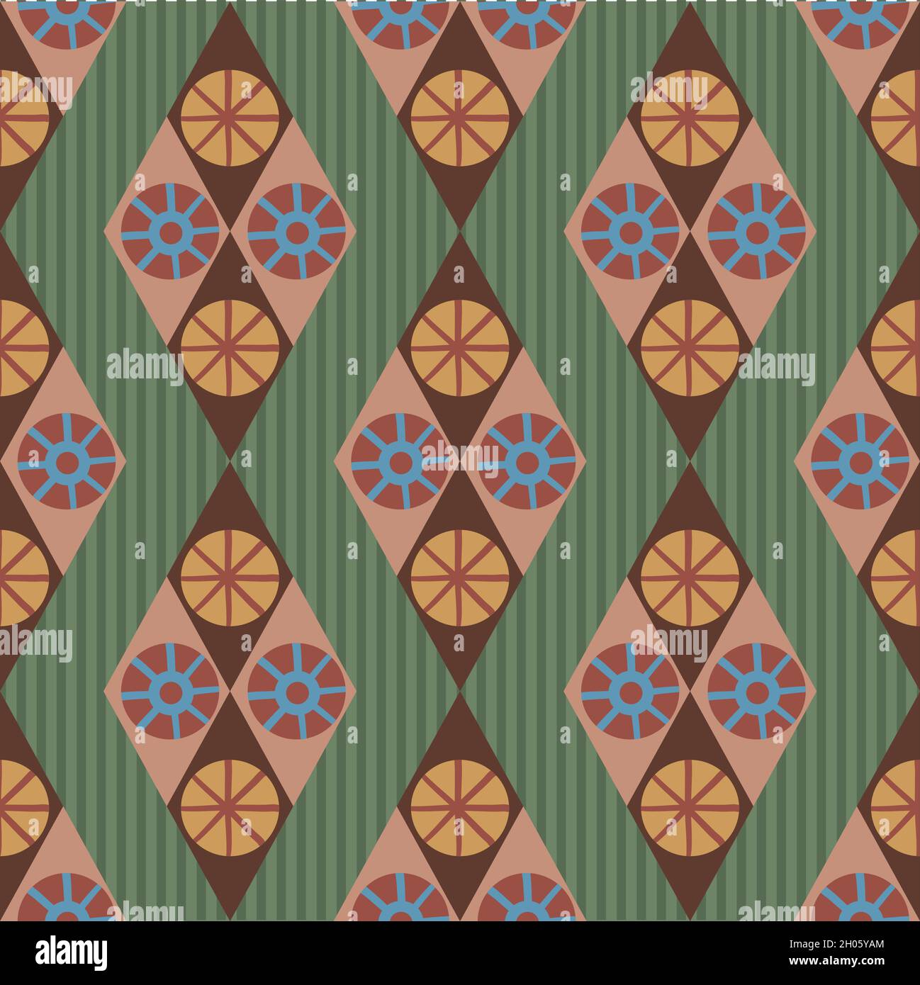 Abstract stylized sun and star diamond shape seamless vector pattern background. Azulejo style repeat with ancient Egypt inspired rhombus motifs ochre Stock Vector