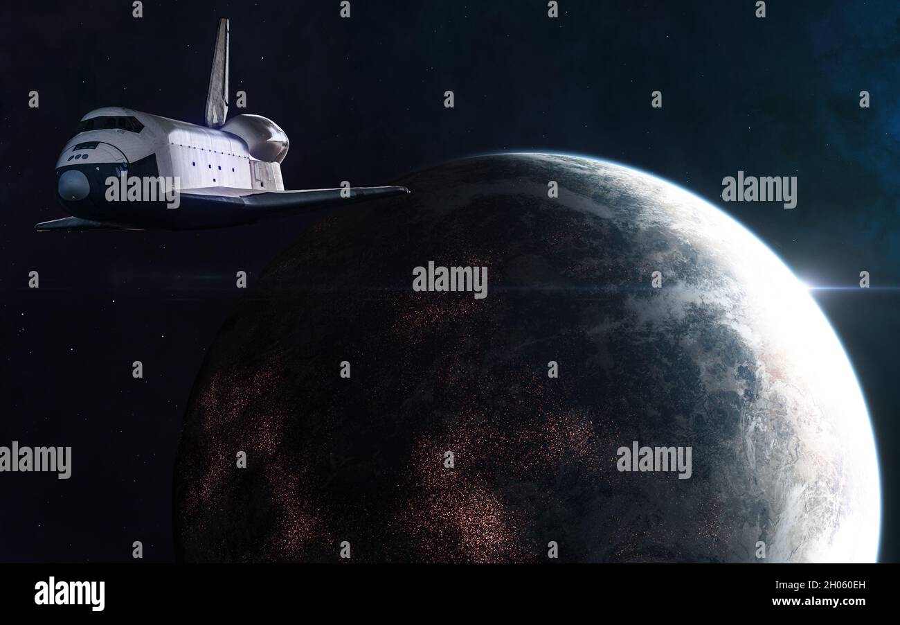 Space shuttle on background of inhabited planet in deep space Stock Photo