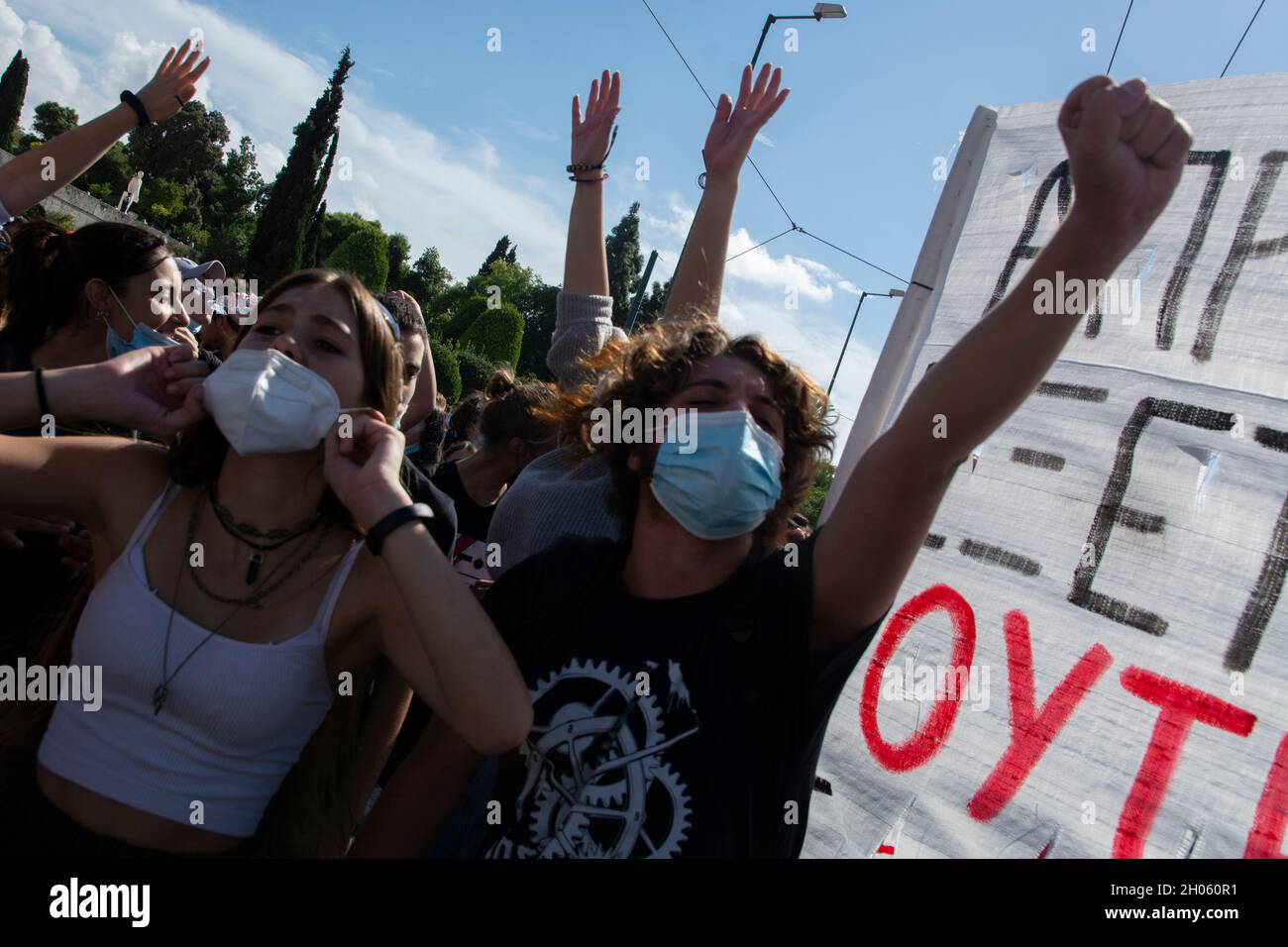 Athens, Greece. 11th Oct, 2021. Teachers march shouting slogans against the minister of education Niki Kerameus. More than 10.000 teachers, later joined by thousands of students, took to the streets to demonstrate against the recent education reform bill that will lead to the privatization of public schools. (Credit Image: © Nikolas Georgiou/ZUMA Press Wire) Stock Photo