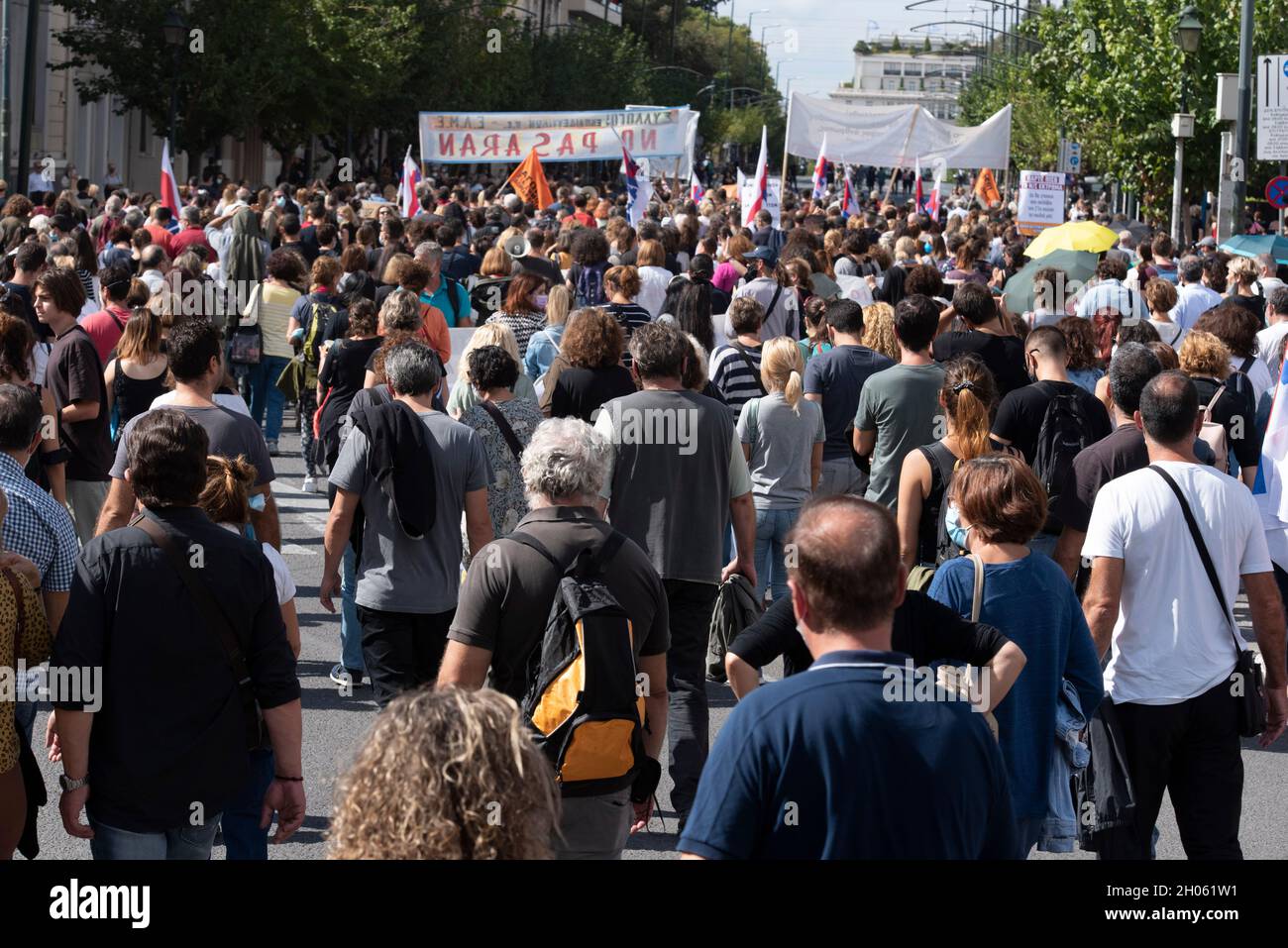 Athens, Greece. 11th Oct, 2021. Teachers march shouting slogans against the minister of education Niki Kerameus. More than 10.000 teachers, later joined by thousands of students, took to the streets to demonstrate against the recent education reform bill that will lead to the privatization of public schools. (Credit Image: © Nikolas Georgiou/ZUMA Press Wire) Stock Photo