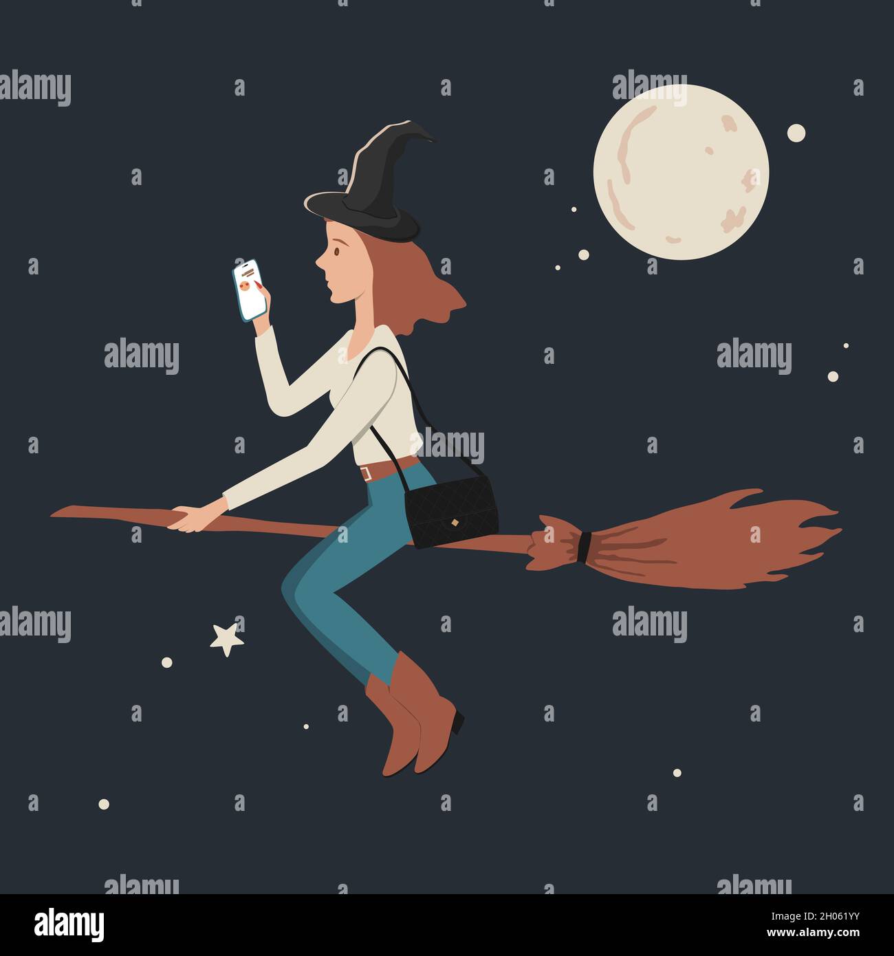 Halloween flying witch on a broomstick with Smartphone in her hands. Woman character. Modern flat cartoon colorful vector illustration Stock Vector