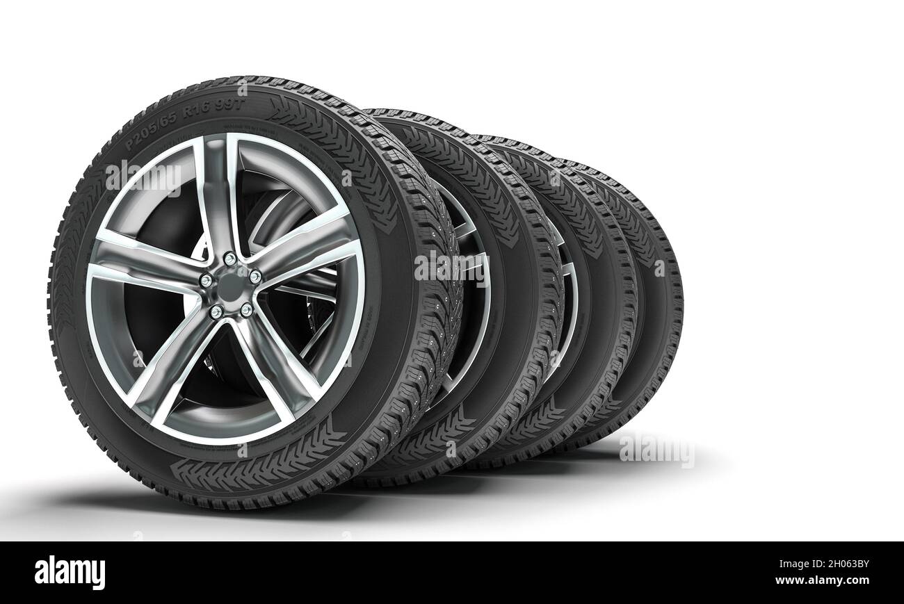 winter tires on the white background. 3d render. Stock Photo