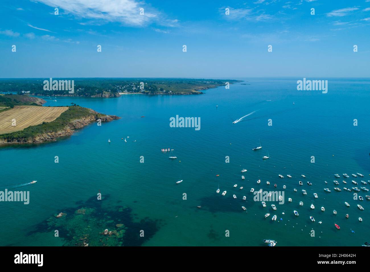 Nevez (Brittany, north western France): aerial view of the coast, near the mouth of the Aven and the Belon rivers, south of the Finistere department. Stock Photo