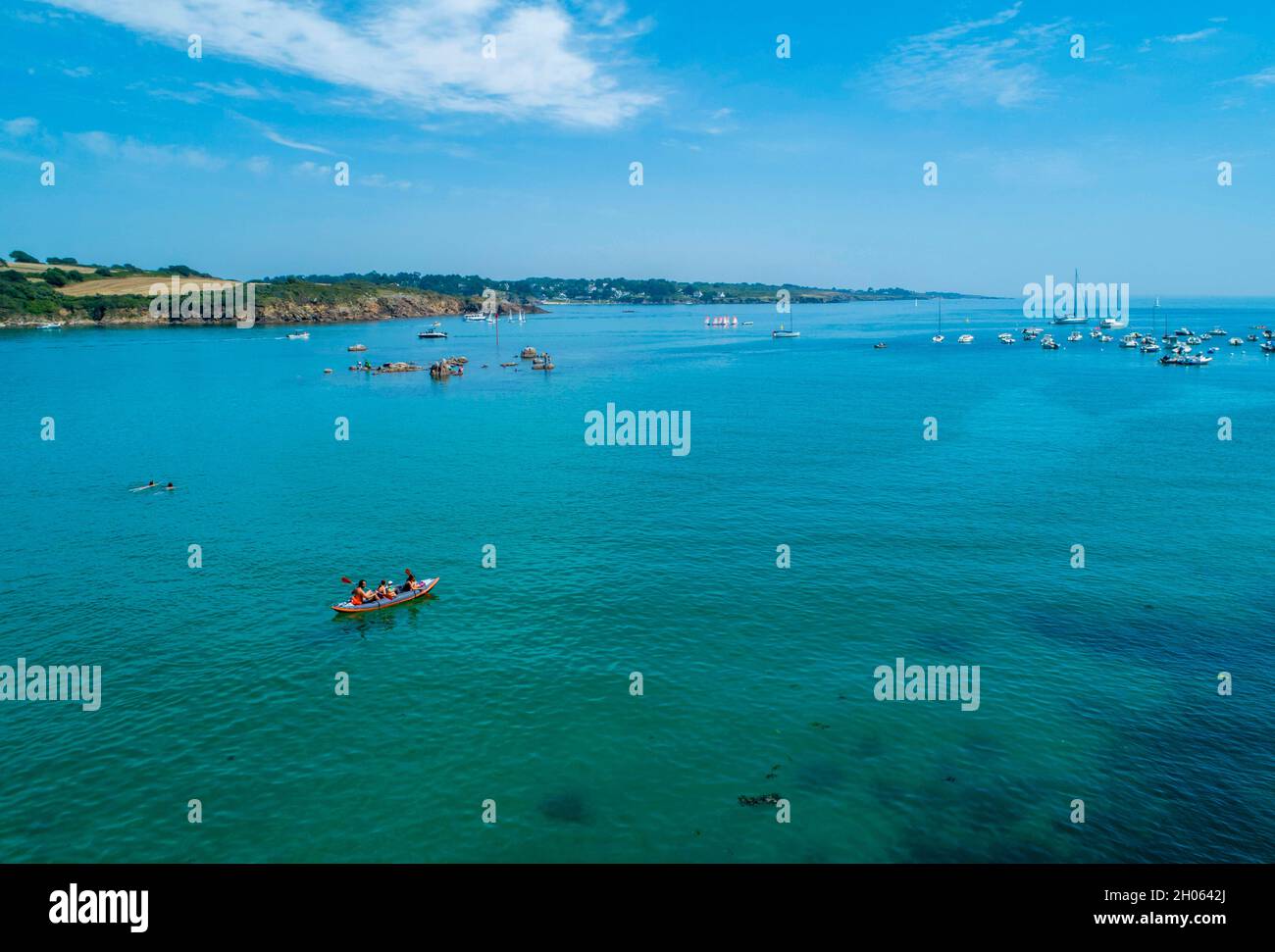 Nevez (Brittany, north western France): aerial view of the coast, near the mouth of the Aven river, south of the Finistere department. Kayak and boats Stock Photo