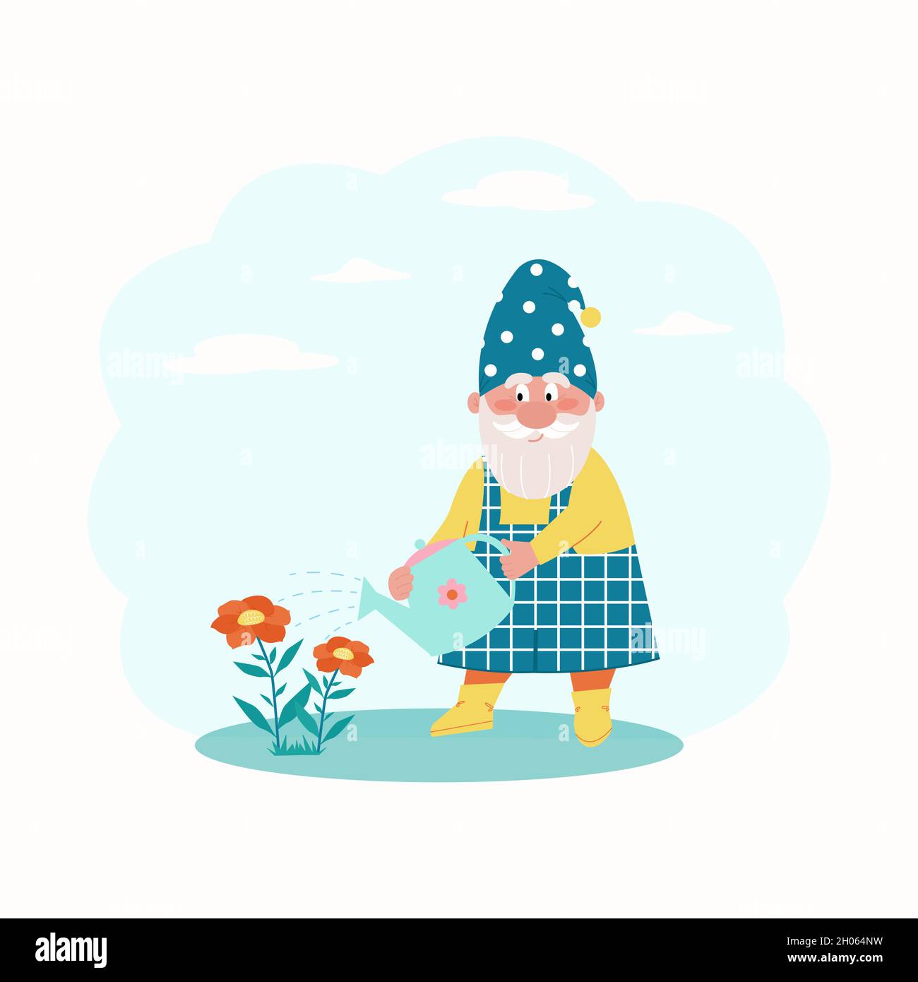 little dwarf waters the flowers in the garden. Vector characters in flat style Stock Vector