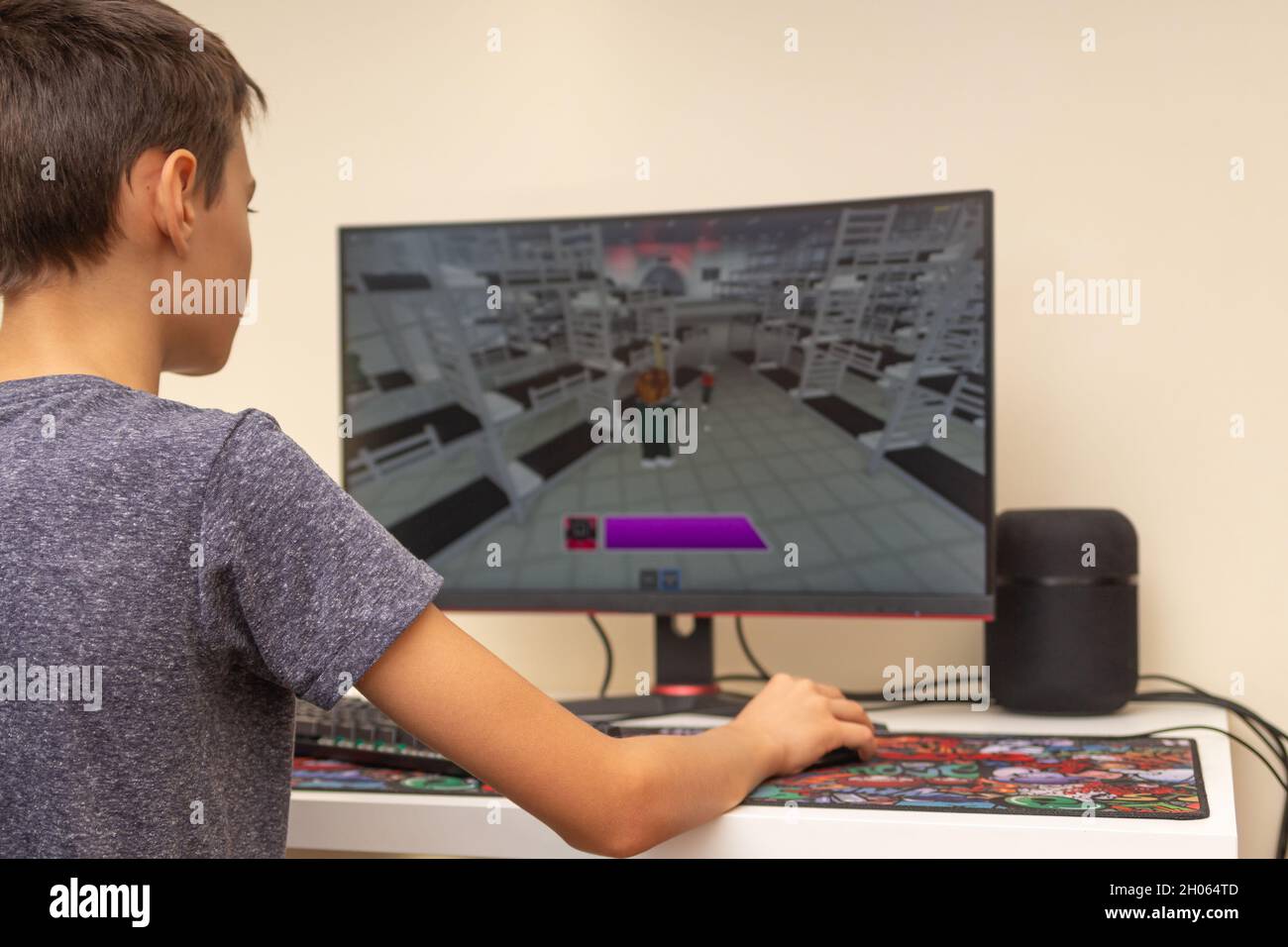 Lagos, Portugal: February 2021; Young boy playing the online game platform,  Roblox on a PC at home Stock Photo - Alamy