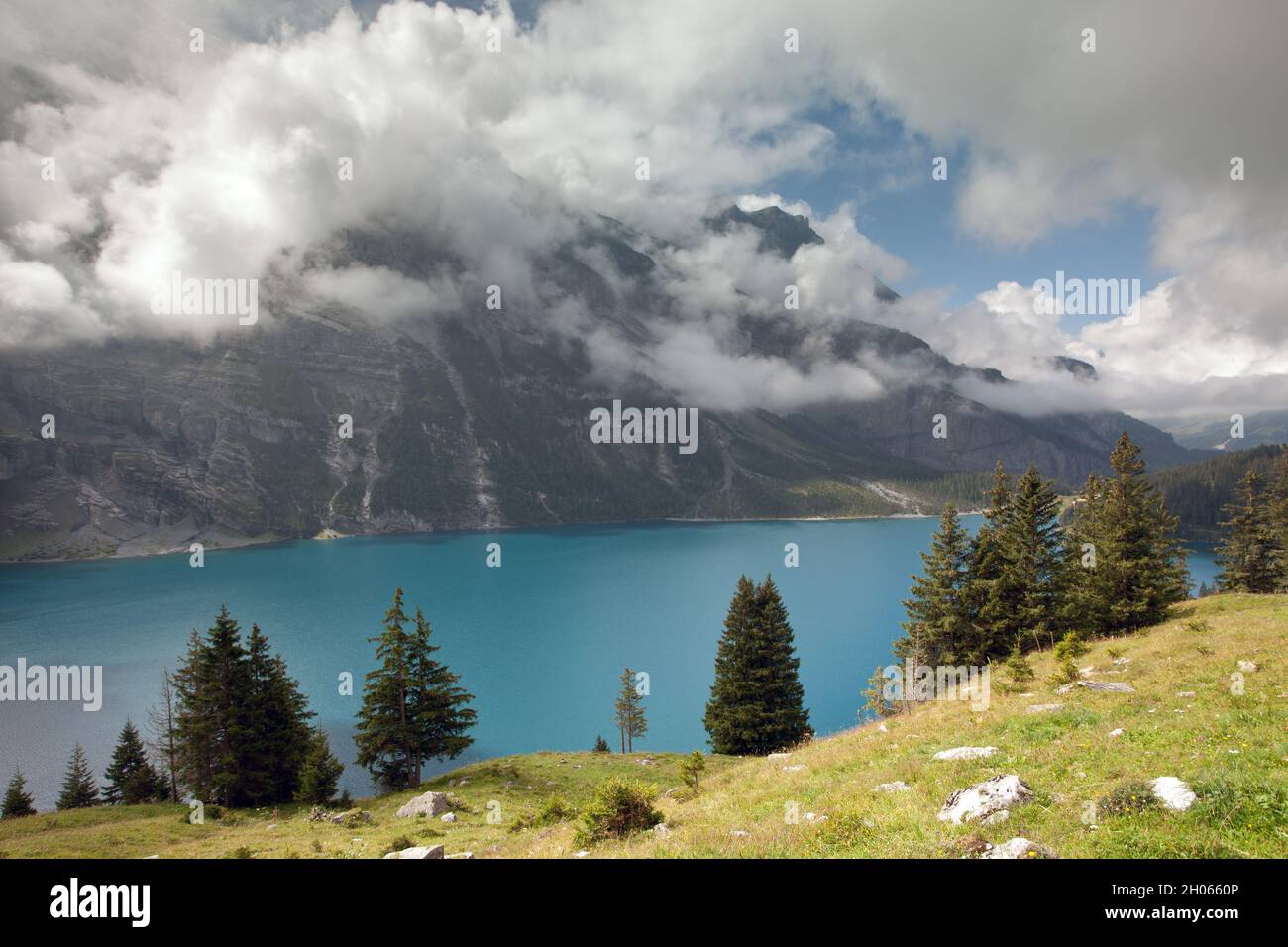 Oeschinen Lake with Larches Stock Photo