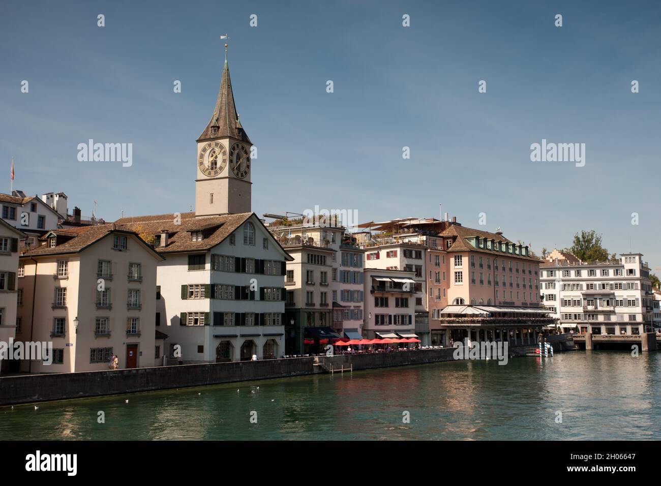 Zurich Waterfront with St. Peter Church Stock Photo