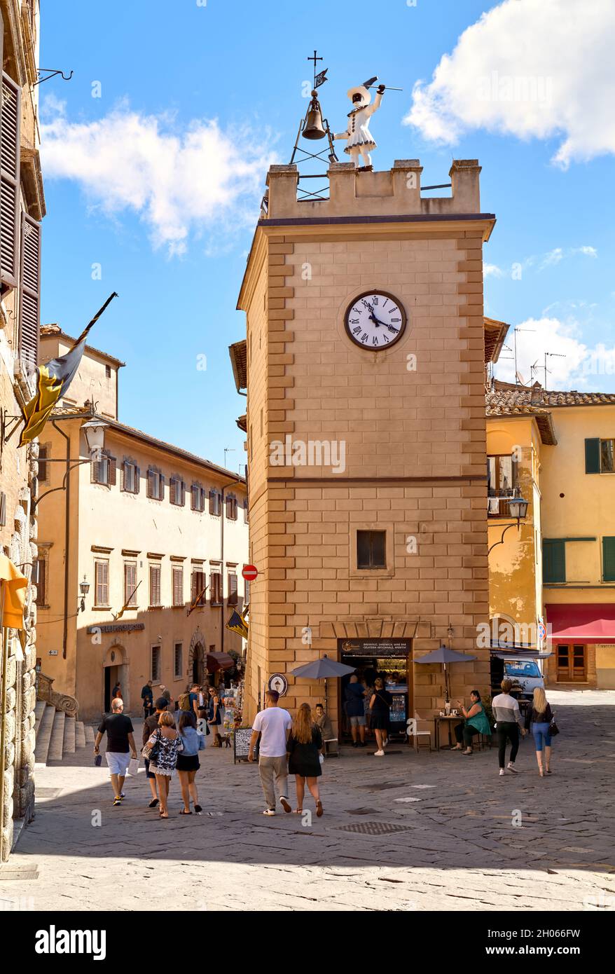 Montepulciano Tuscany Italy. The Pulcinella on the Clock Tower Stock Photo